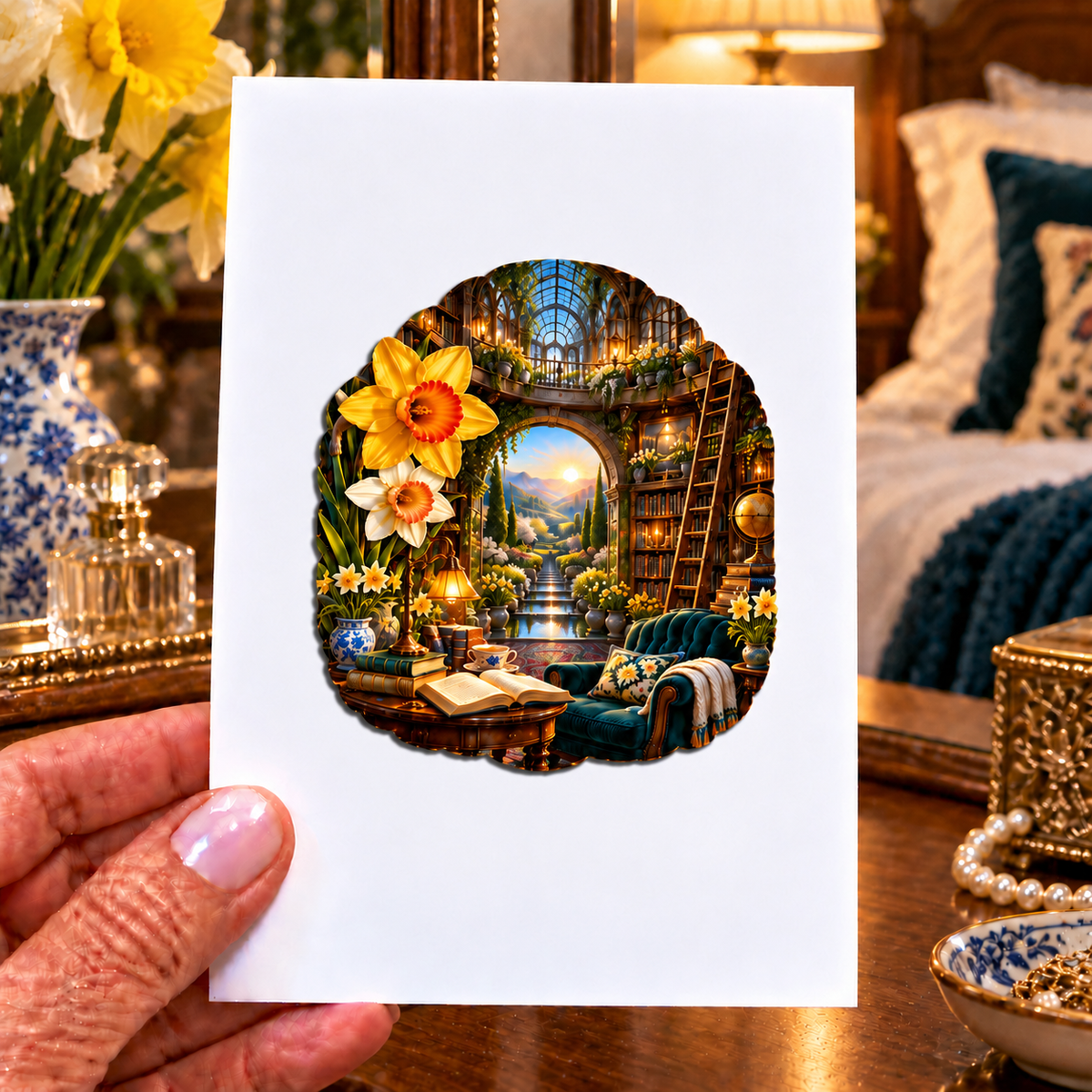 Daffodil Grand Salon Cascade Acrylic Refrigerator Magnet with printed optical 3D artwork in its use setting