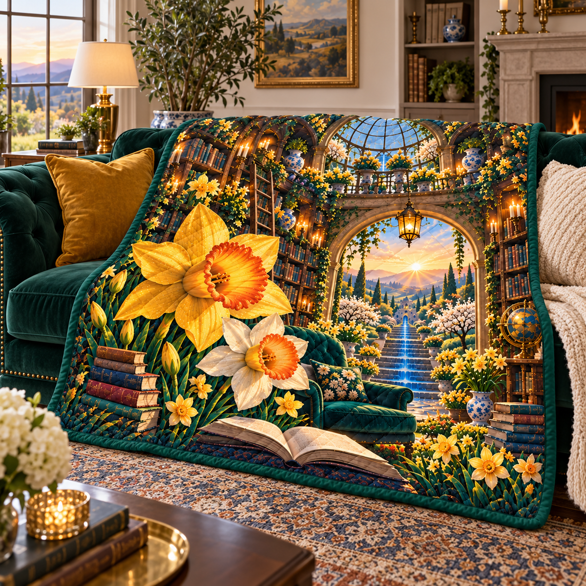 Daffodil Grand Salon Cascade Quilt Blanket with printed optical 3D artwork in its use setting