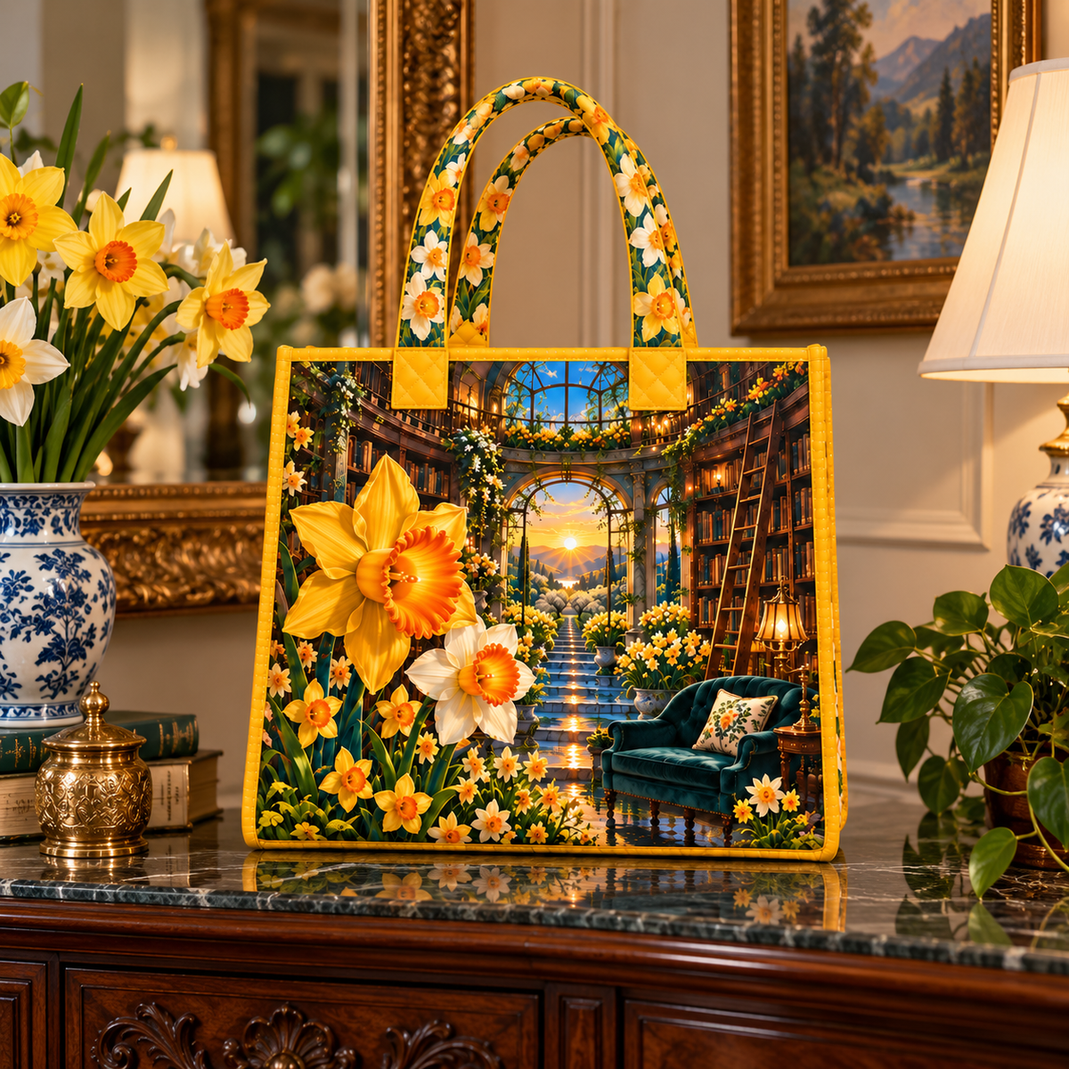 Daffodil Grand Salon Cascade Quilted Tote Bag with printed optical 3D artwork in its use setting