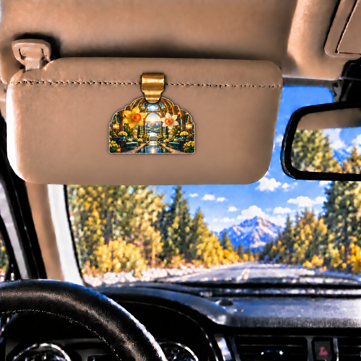 Daffodil Grand Salon Cascade Holographic Car Visor Clip with printed optical 3D artwork in its use setting