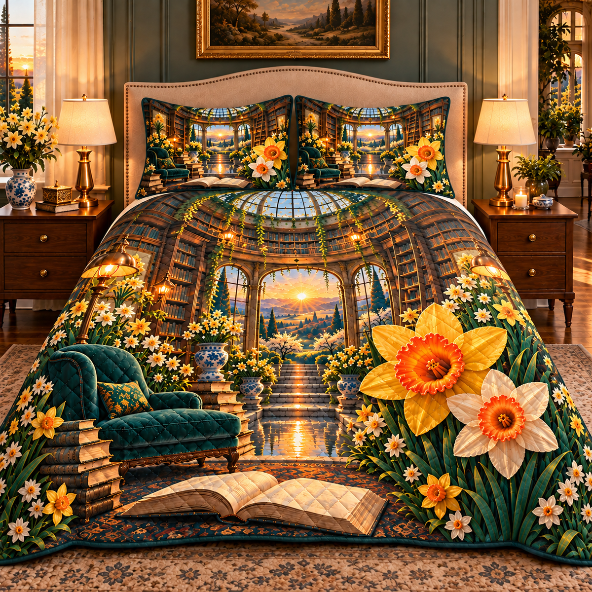 Daffodil Scholar Conservatory Quilted Bedding Set with printed optical 3D artwork in its use setting