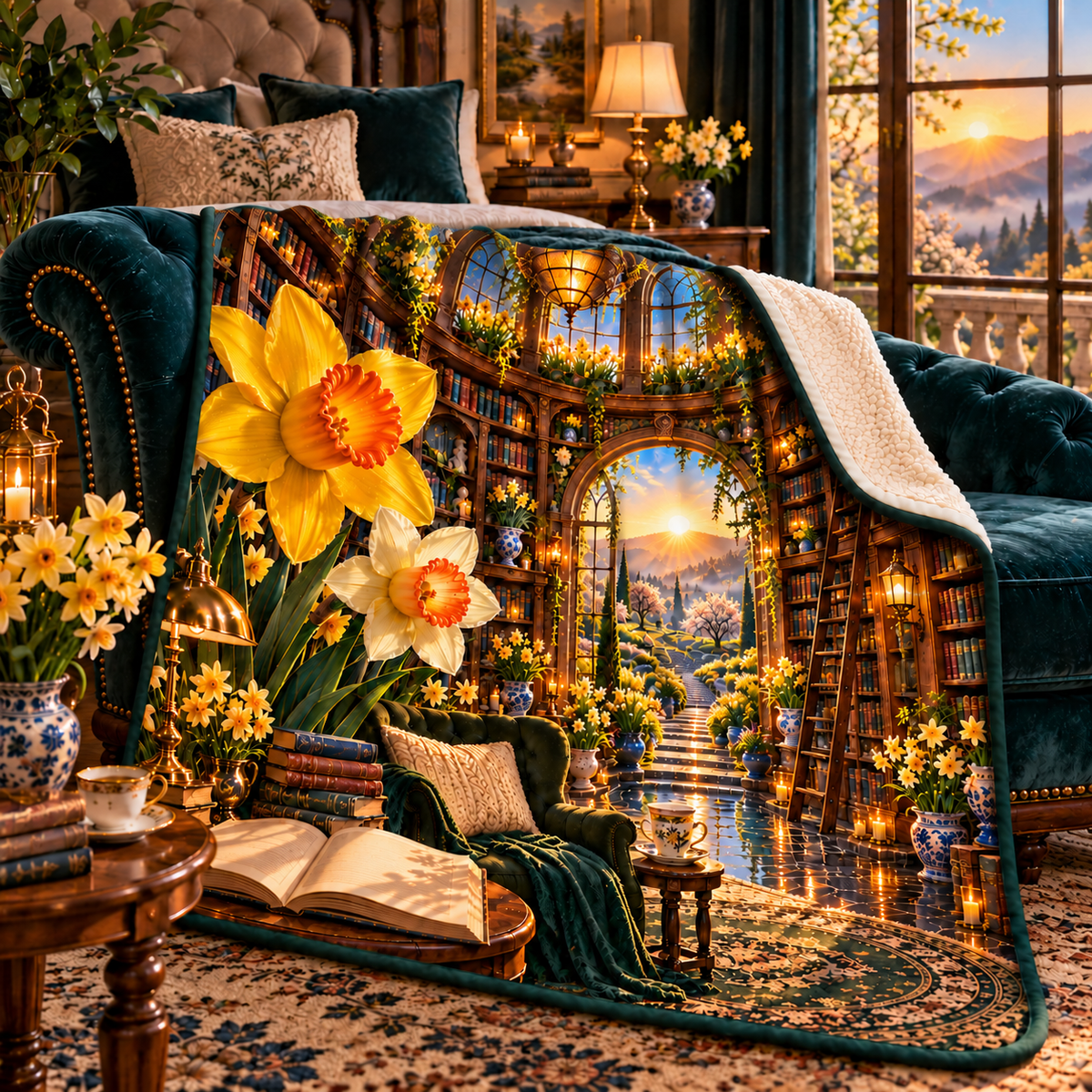 Daffodil Scholar Conservatory Sherpa & Fleece Blanket with printed optical 3D artwork in its use setting