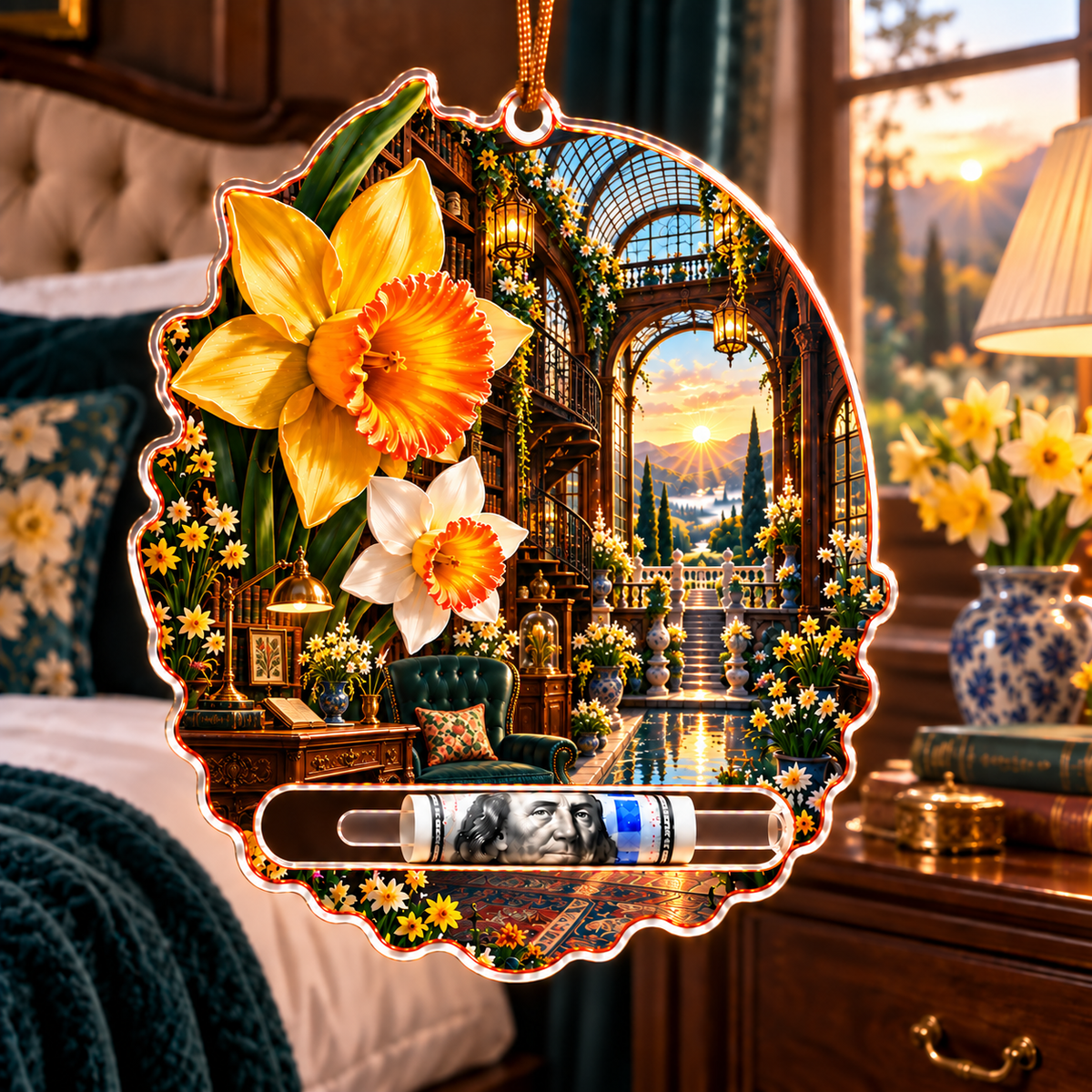 Daffodil Scholar Conservatory Acrylic Cash Holder Ornament with printed optical 3D artwork in its use setting