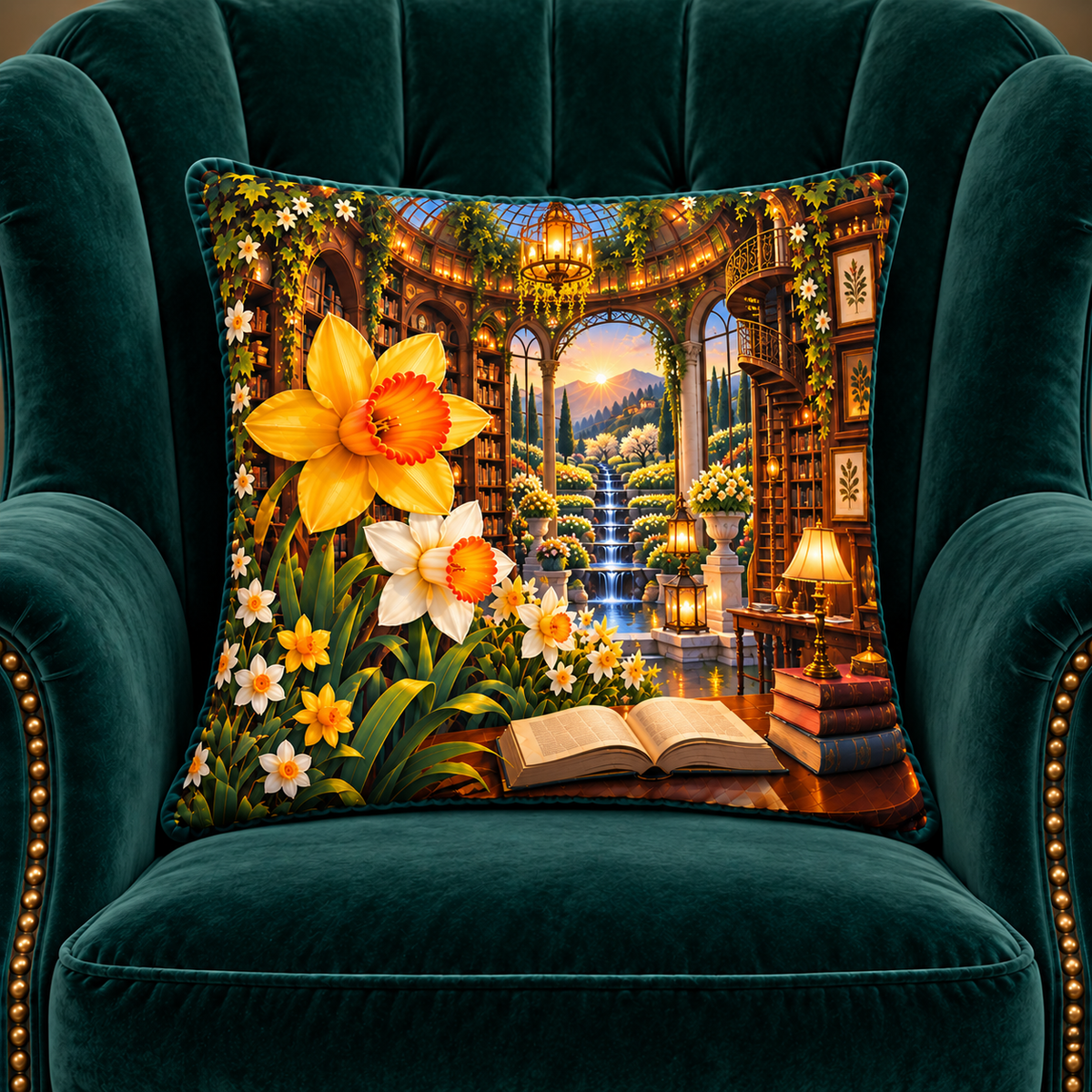 Daffodil Scholar Conservatory Quilted Cushion Cover with printed optical 3D artwork in its use setting