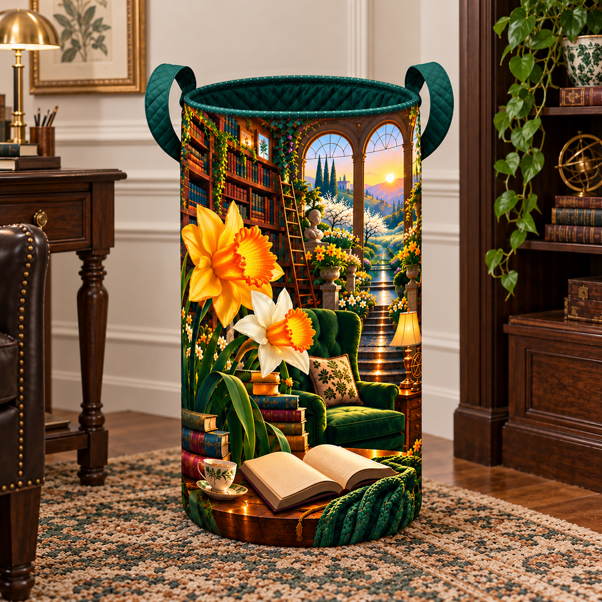 Daffodil Scholar Conservatory Laundry Hamper with printed optical 3D artwork in its use setting