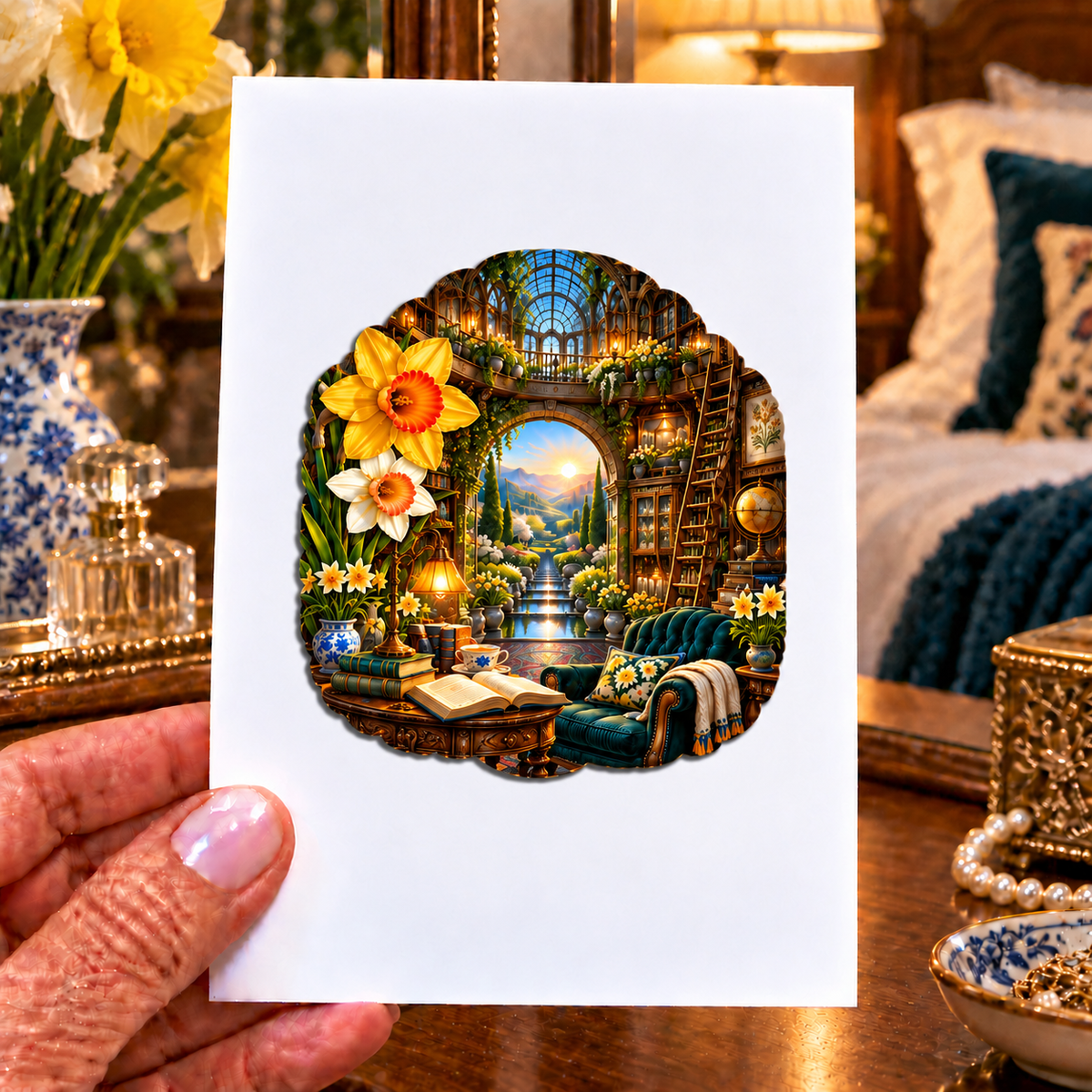 Daffodil Scholar Conservatory Acrylic Refrigerator Magnet with printed optical 3D artwork in its use setting
