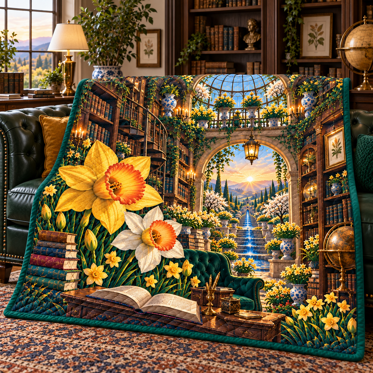 Daffodil Scholar Conservatory Quilt Blanket with printed optical 3D artwork in its use setting