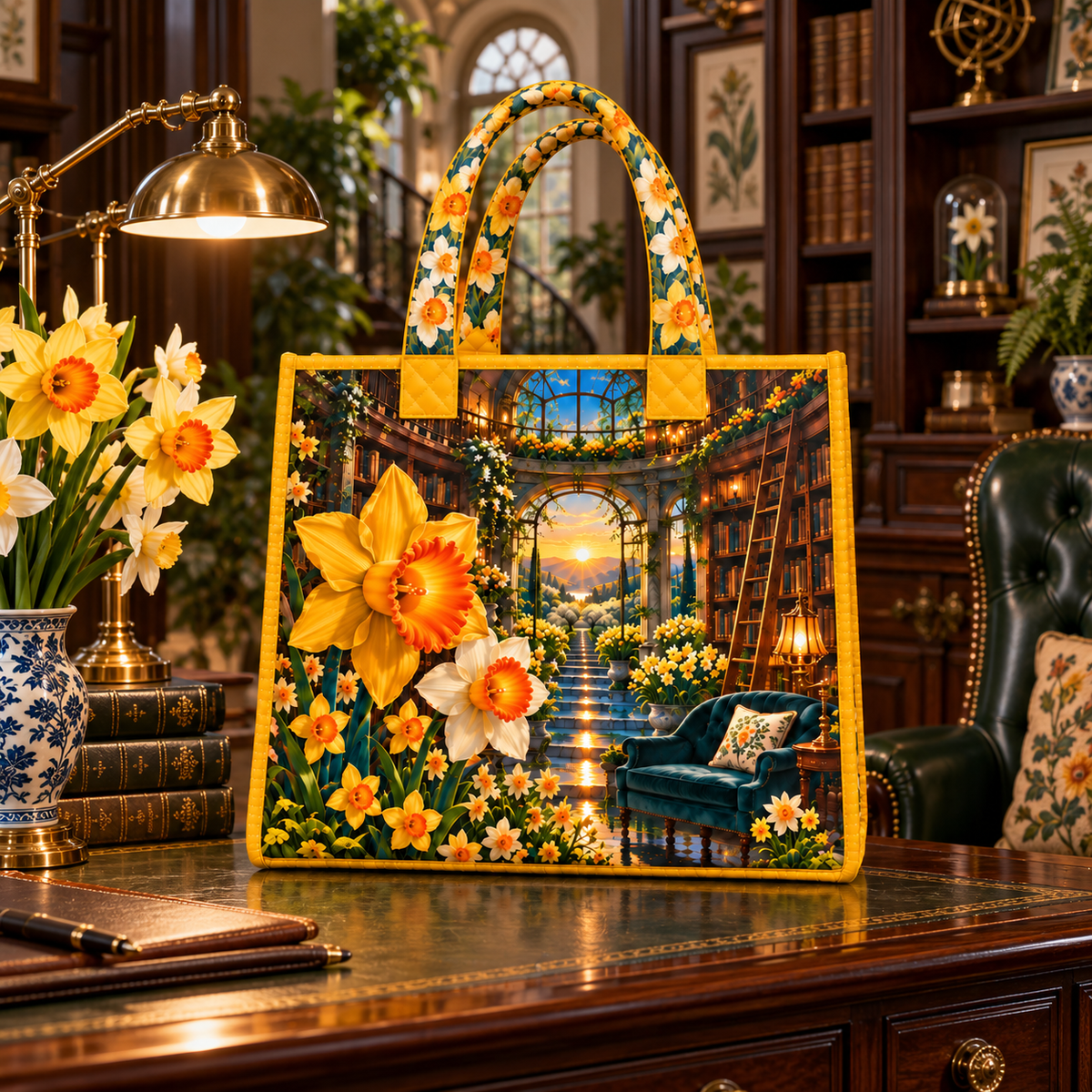 Daffodil Scholar Conservatory Quilted Tote Bag with printed optical 3D artwork in its use setting