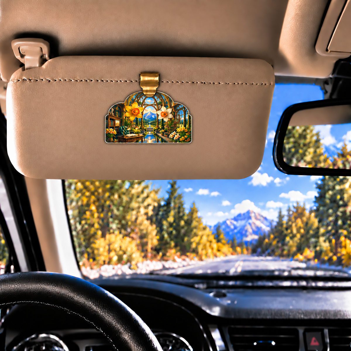 Daffodil Scholar Conservatory Holographic Car Visor Clip with printed optical 3D artwork in its use setting