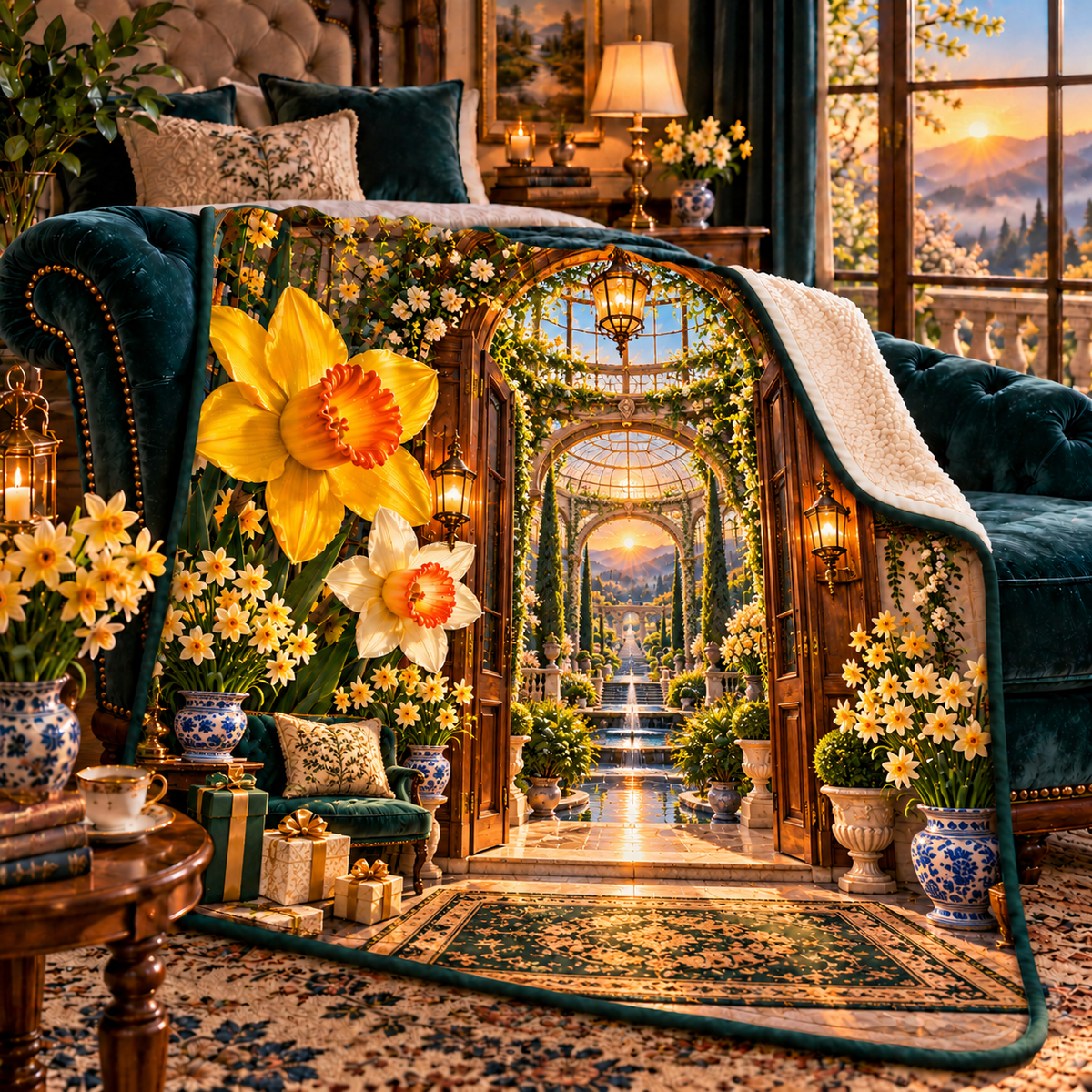Daffodil Welcome Atrium Sherpa & Fleece Blanket with printed optical 3D artwork in its use setting