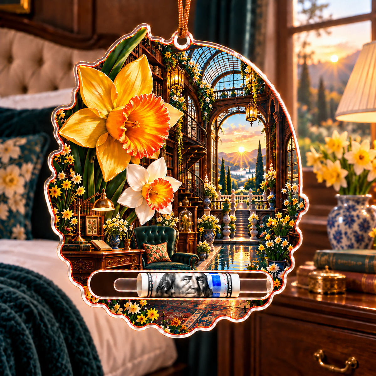 Daffodil Welcome Atrium Acrylic Cash Holder Ornament with printed optical 3D artwork in its use setting