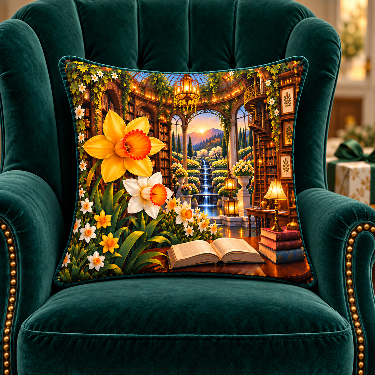Daffodil Welcome Atrium Quilted Cushion Cover with printed optical 3D artwork in its use setting