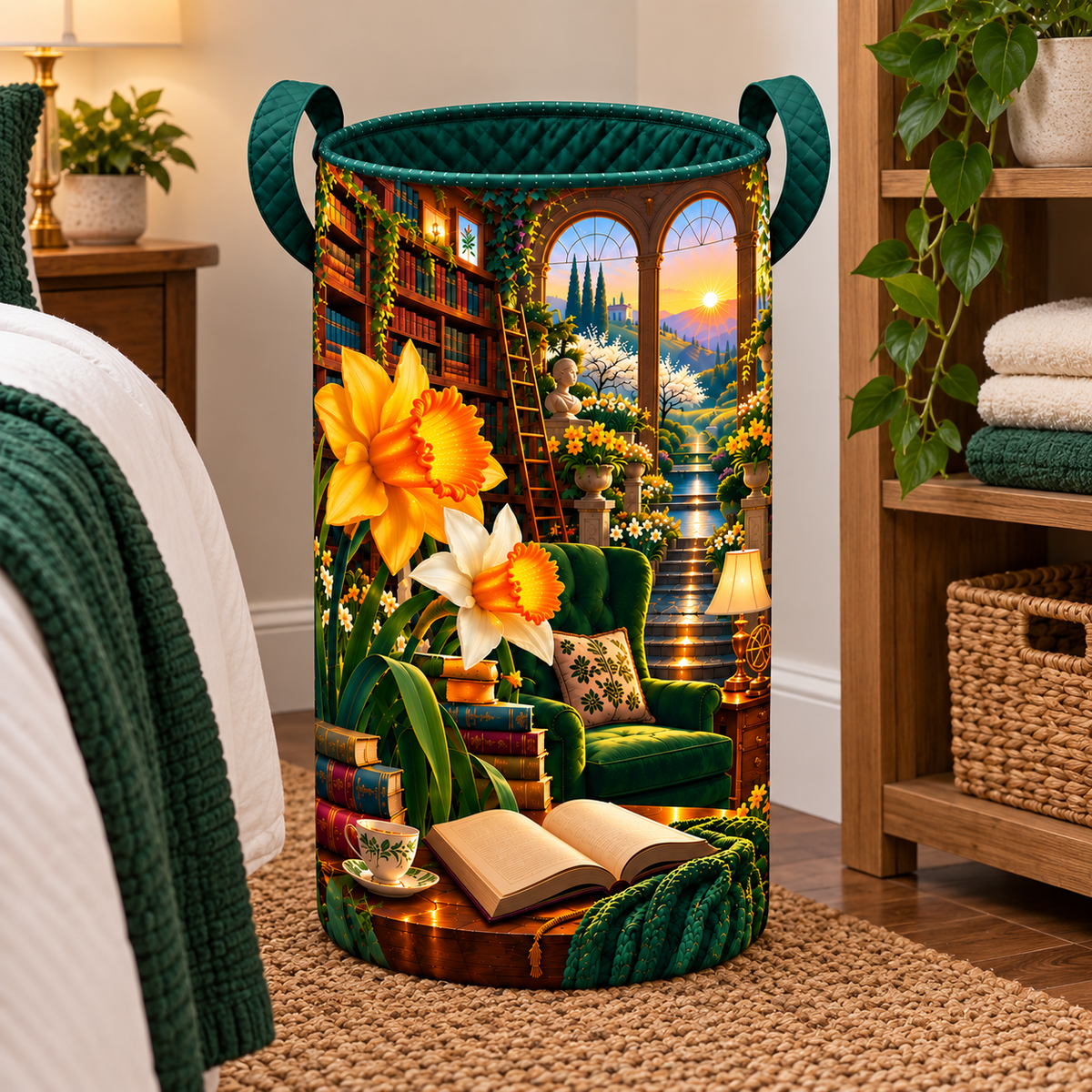 Daffodil Welcome Atrium Laundry Hamper with printed optical 3D artwork in its use setting