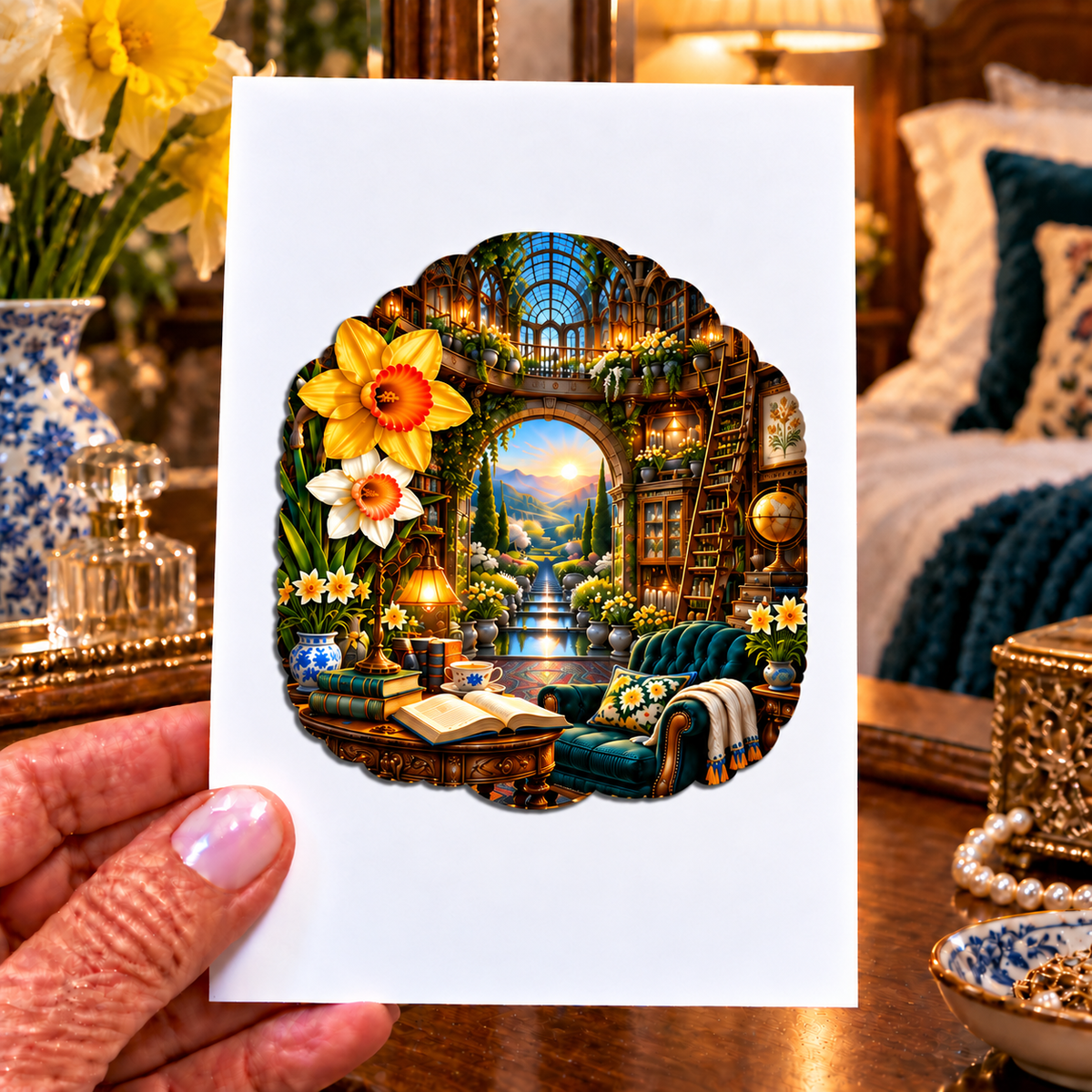 Daffodil Welcome Atrium Acrylic Refrigerator Magnet with printed optical 3D artwork in its use setting
