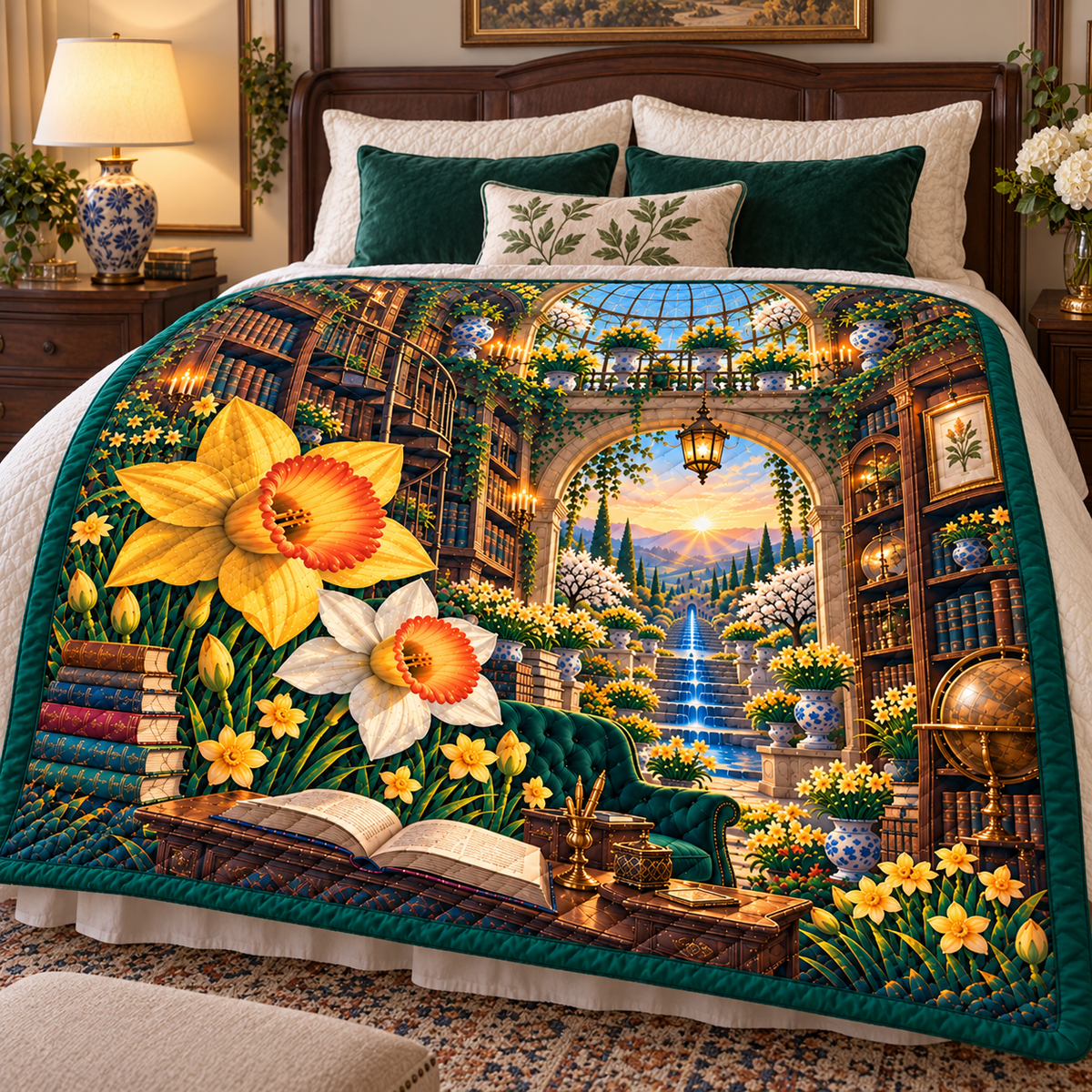 Daffodil Welcome Atrium Quilt Blanket with printed optical 3D artwork in its use setting