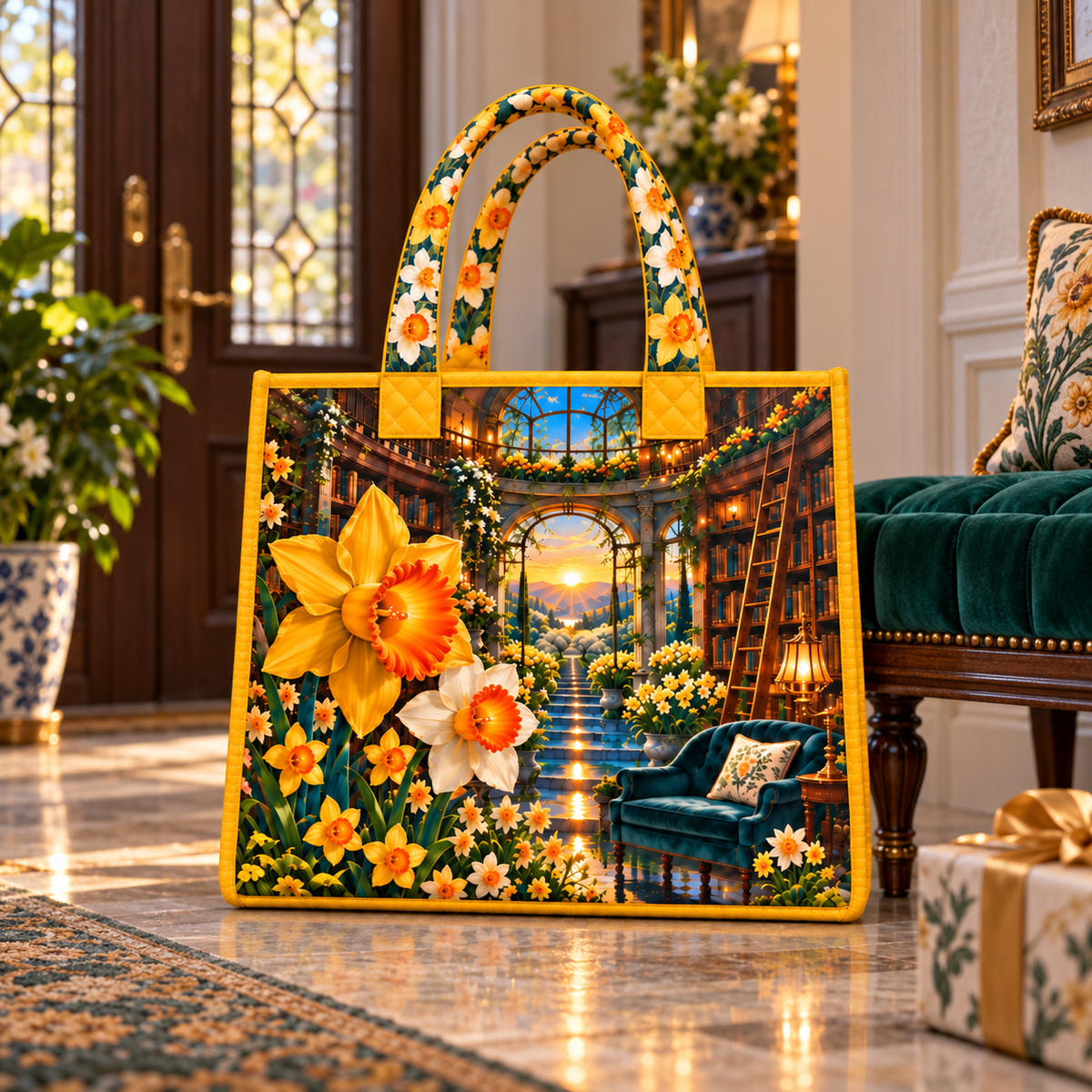 Daffodil Welcome Atrium Quilted Tote Bag with printed optical 3D artwork in its use setting