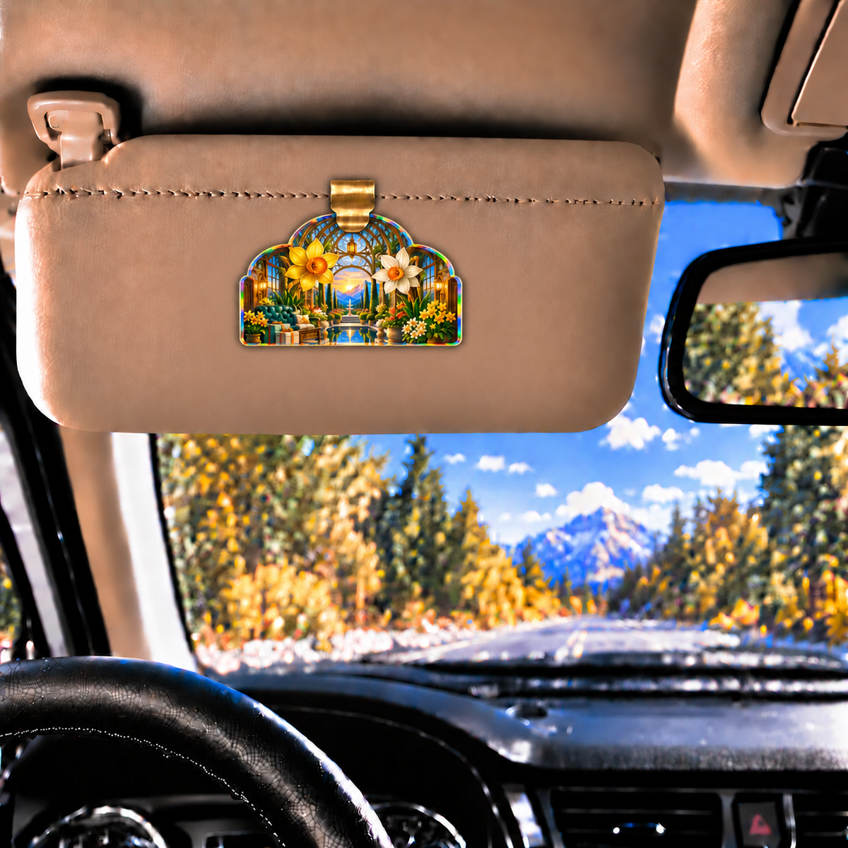 Daffodil Welcome Atrium Holographic Car Visor Clip with printed optical 3D artwork in its use setting