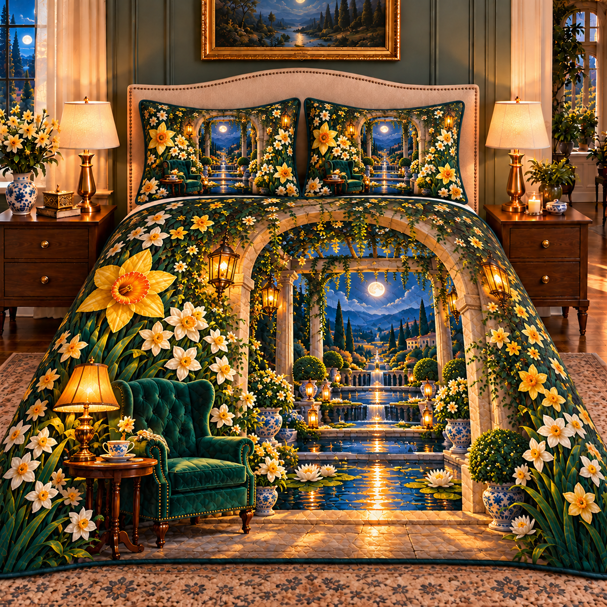 Daffodil Moonlit Alcove Quilted Bedding Set with printed optical 3D artwork in its use setting