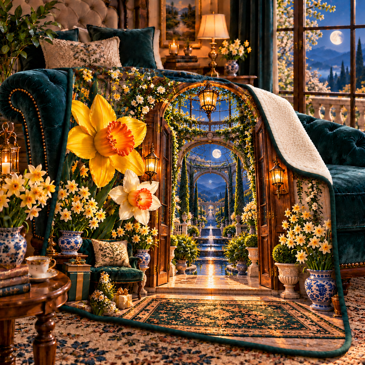Daffodil Moonlit Alcove Sherpa & Fleece Blanket with printed optical 3D artwork in its use setting