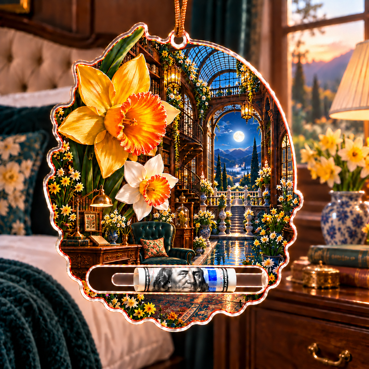 Daffodil Moonlit Alcove Acrylic Cash Holder Ornament with printed optical 3D artwork in its use setting