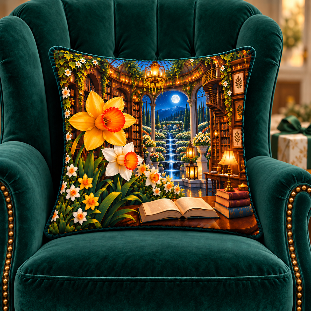 Daffodil Moonlit Alcove Quilted Cushion Cover with printed optical 3D artwork in its use setting