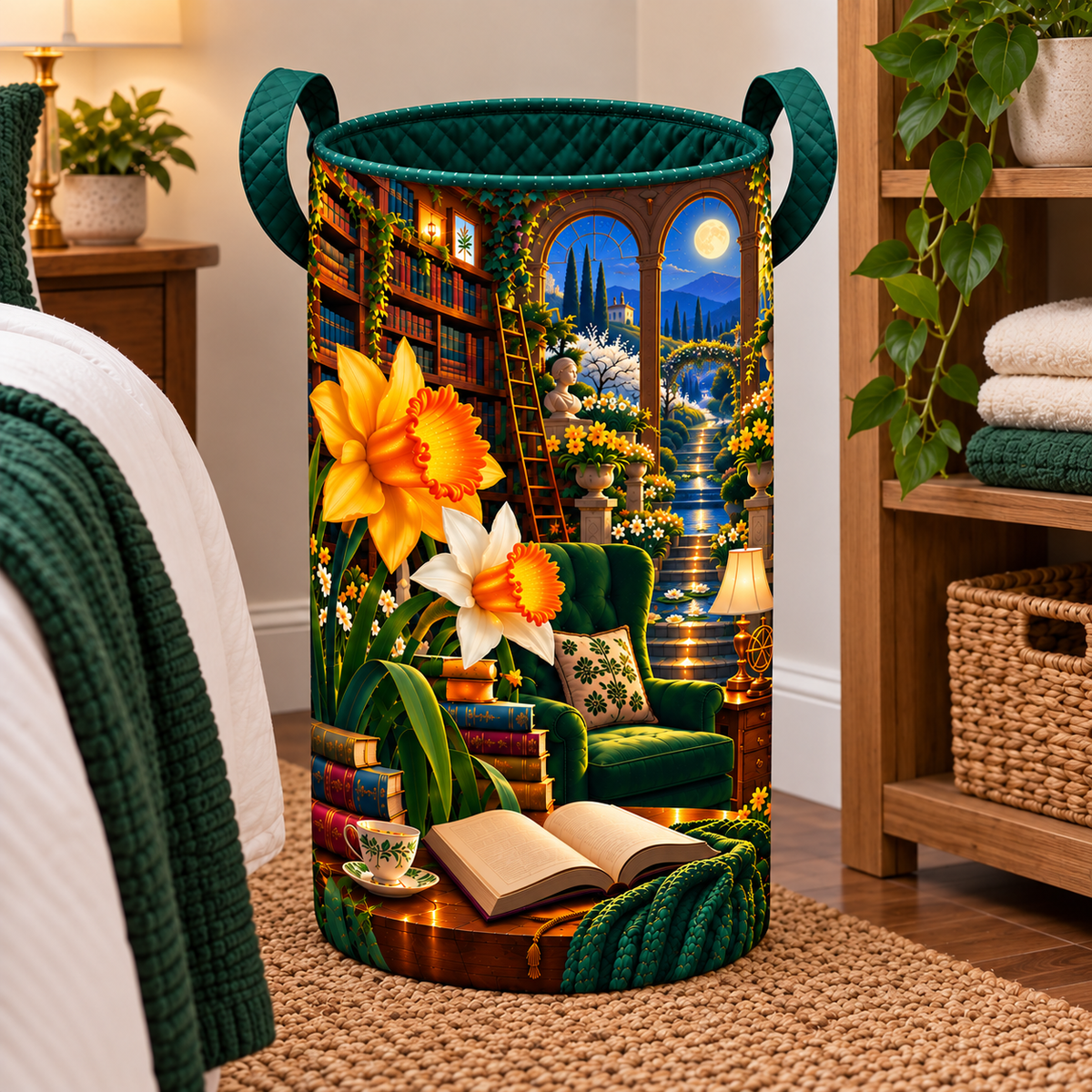 Daffodil Moonlit Alcove Laundry Hamper with printed optical 3D artwork in its use setting