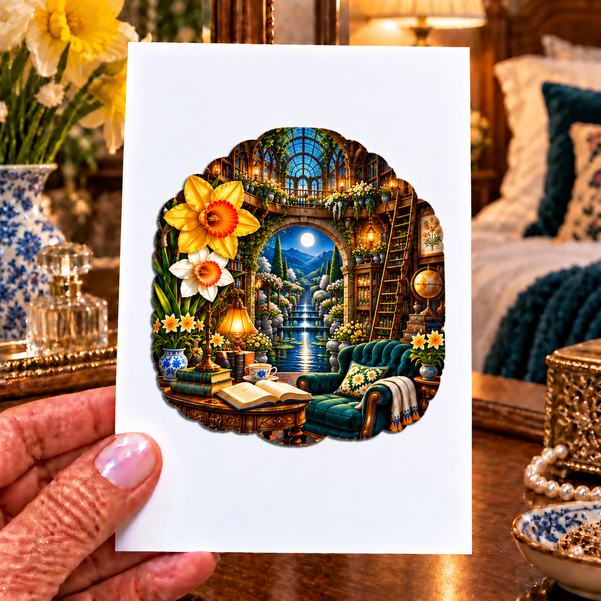 Daffodil Moonlit Alcove Acrylic Refrigerator Magnet with printed optical 3D artwork in its use setting