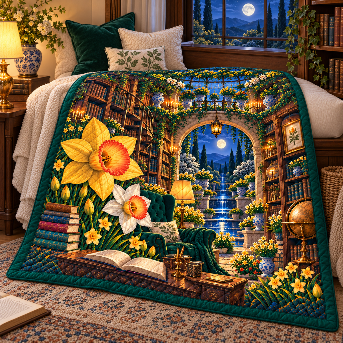 Daffodil Moonlit Alcove Quilt Blanket with printed optical 3D artwork in its use setting