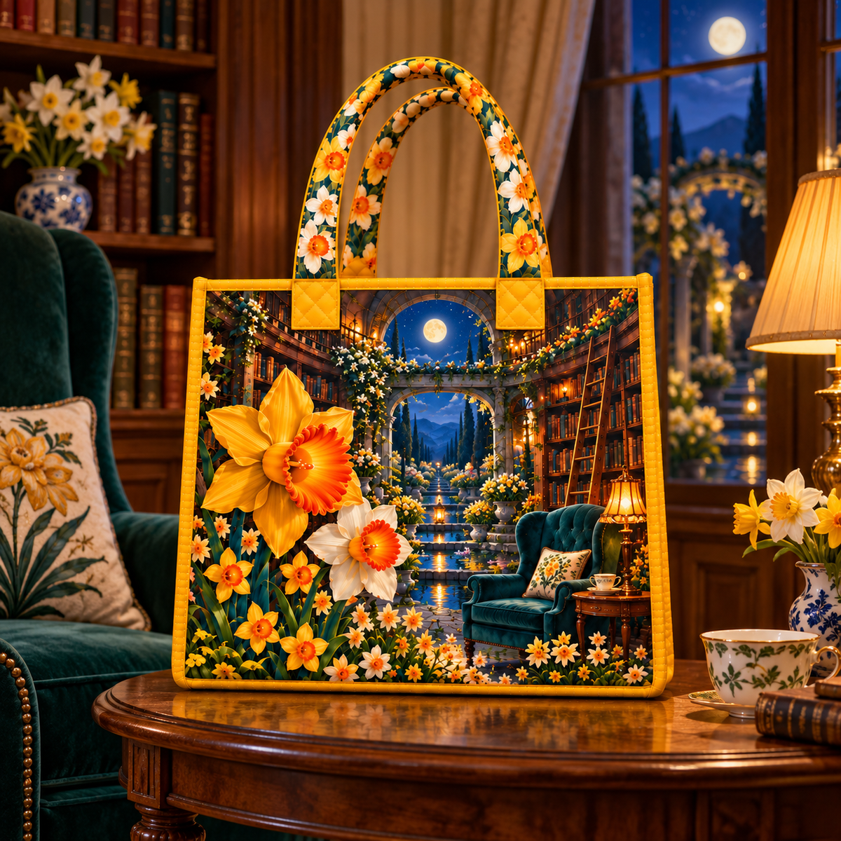 Daffodil Moonlit Alcove Quilted Tote Bag with printed optical 3D artwork in its use setting