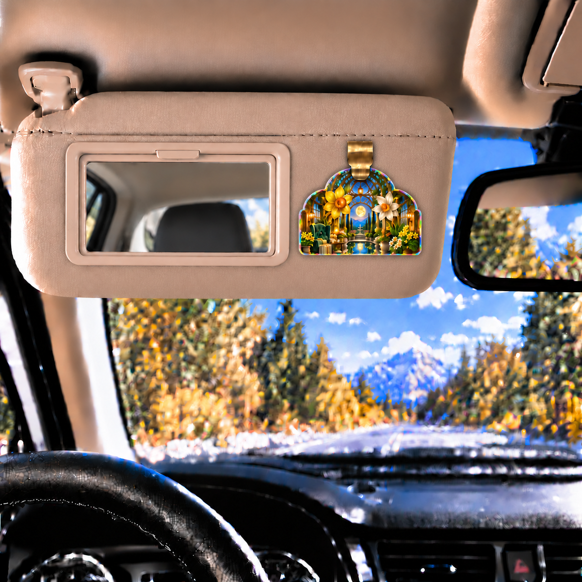 Daffodil Moonlit Alcove Holographic Car Visor Clip with printed optical 3D artwork in its use setting