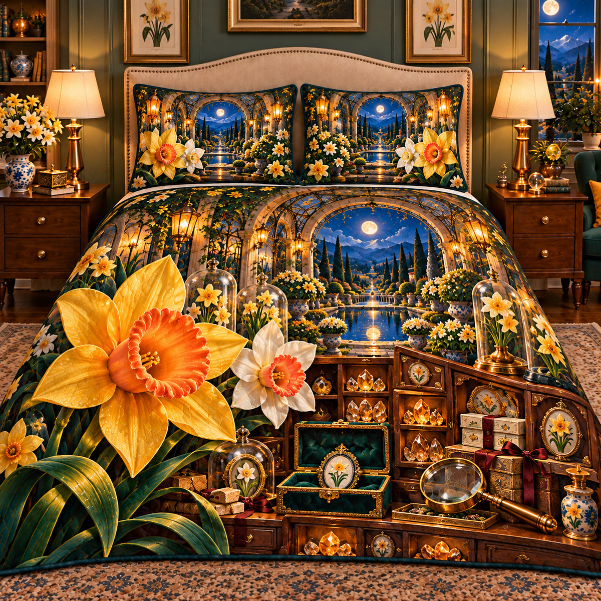 Daffodil Curator Cabinet Quilted Bedding Set with printed optical 3D artwork in its use setting