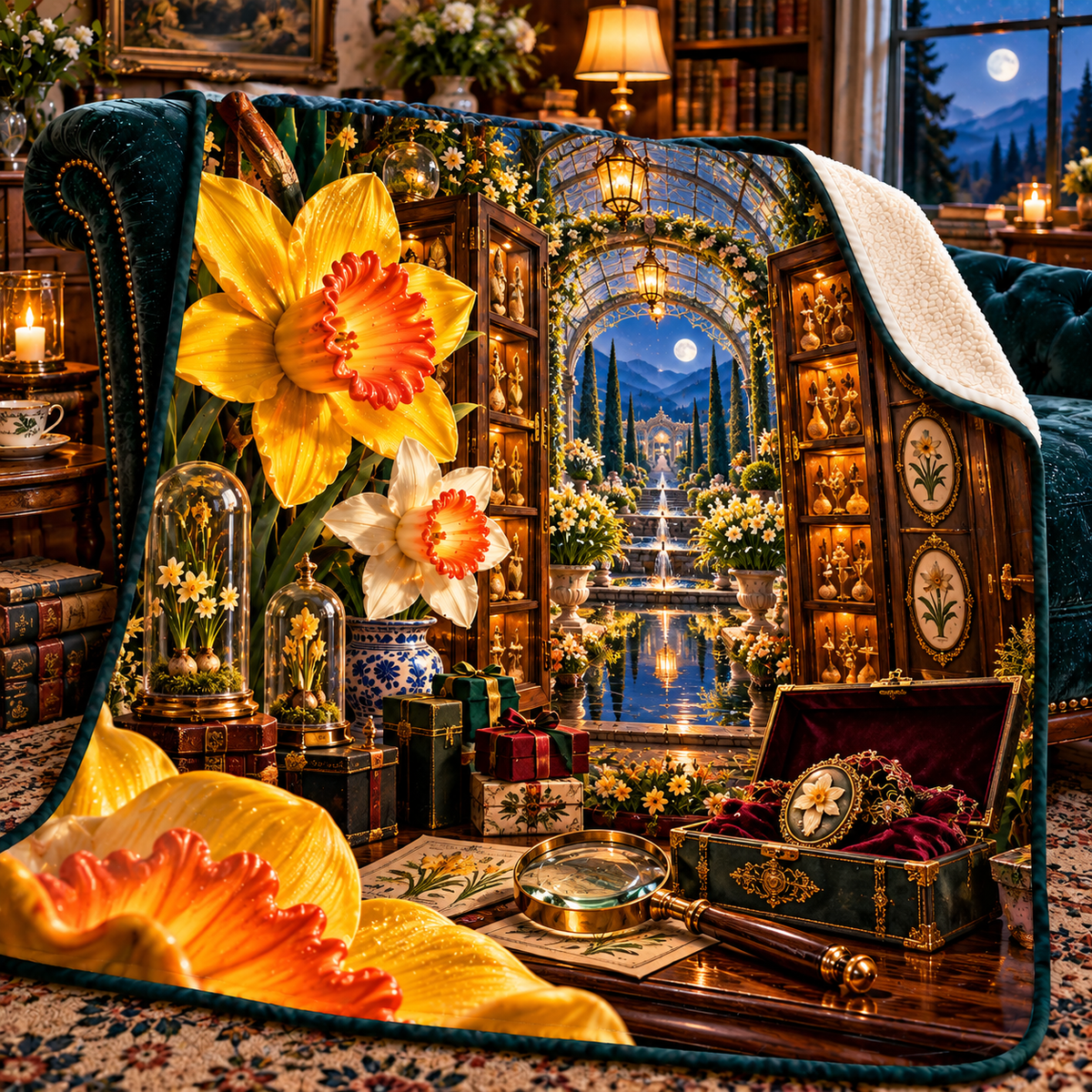 Daffodil Curator Cabinet Sherpa & Fleece Blanket with printed optical 3D artwork in its use setting