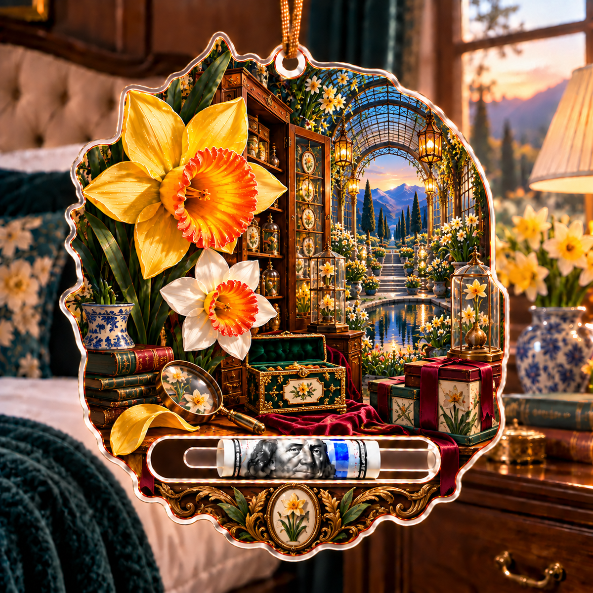 Daffodil Curator Cabinet Acrylic Cash Holder Ornament with printed optical 3D artwork in its use setting