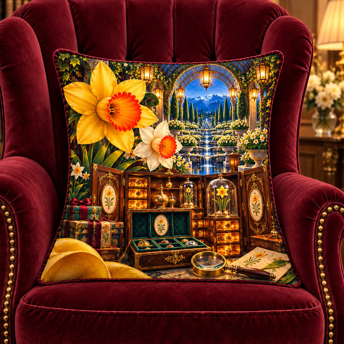 Daffodil Curator Cabinet Quilted Cushion Cover with printed optical 3D artwork in its use setting