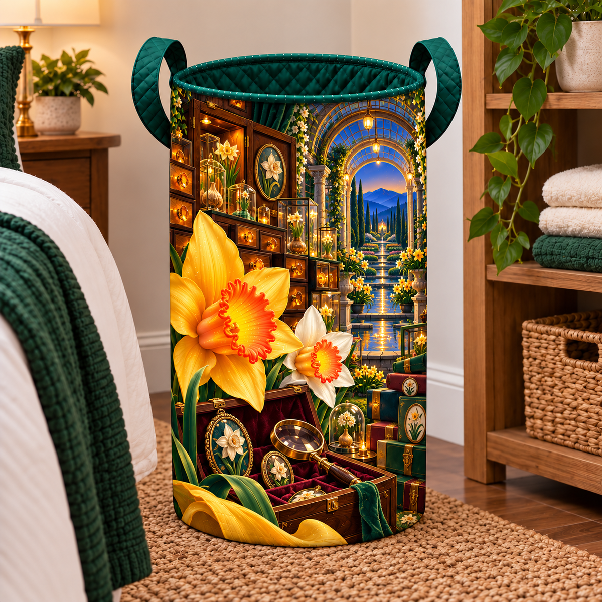 Daffodil Curator Cabinet Laundry Hamper with printed optical 3D artwork in its use setting
