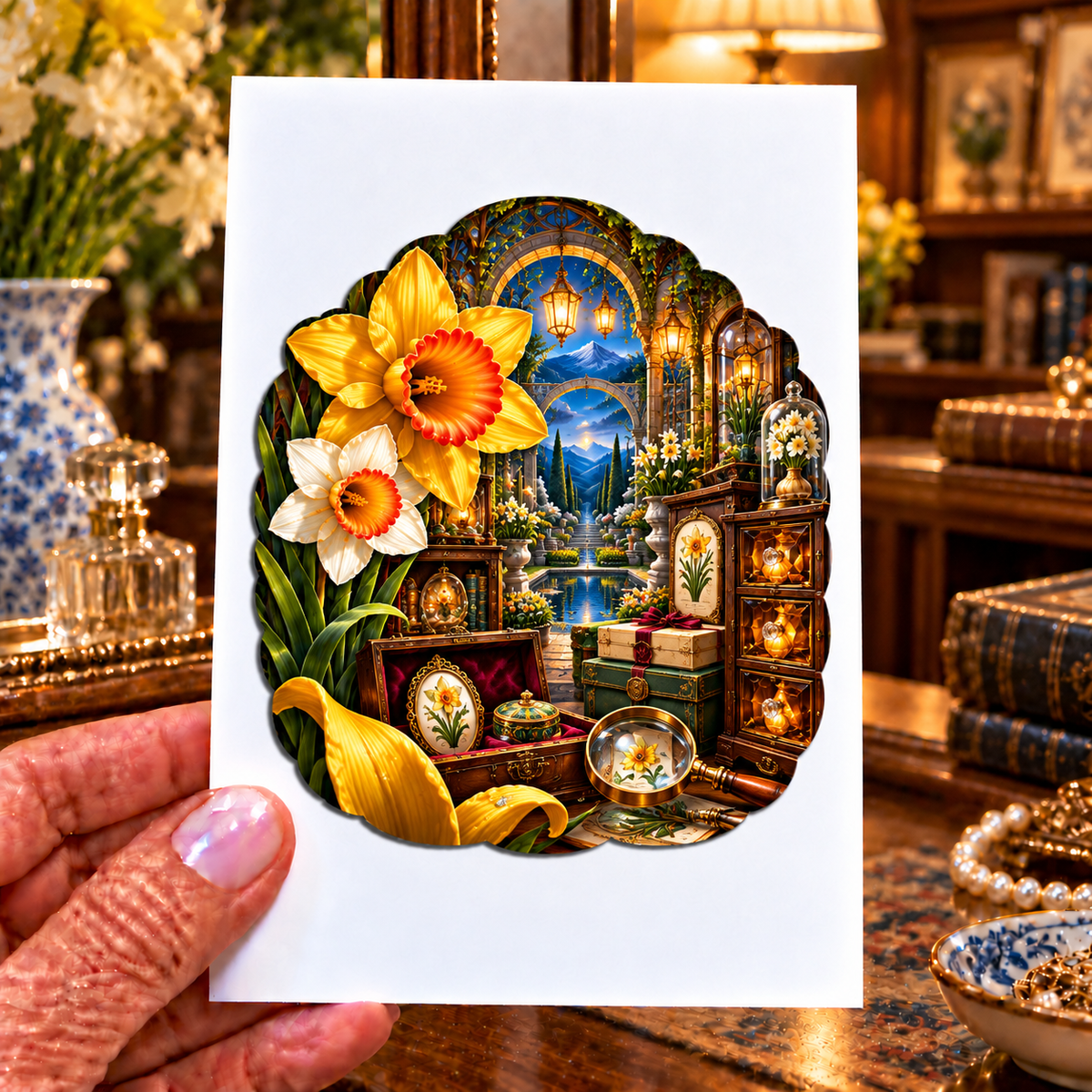 Daffodil Curator Cabinet Acrylic Refrigerator Magnet with printed optical 3D artwork in its use setting