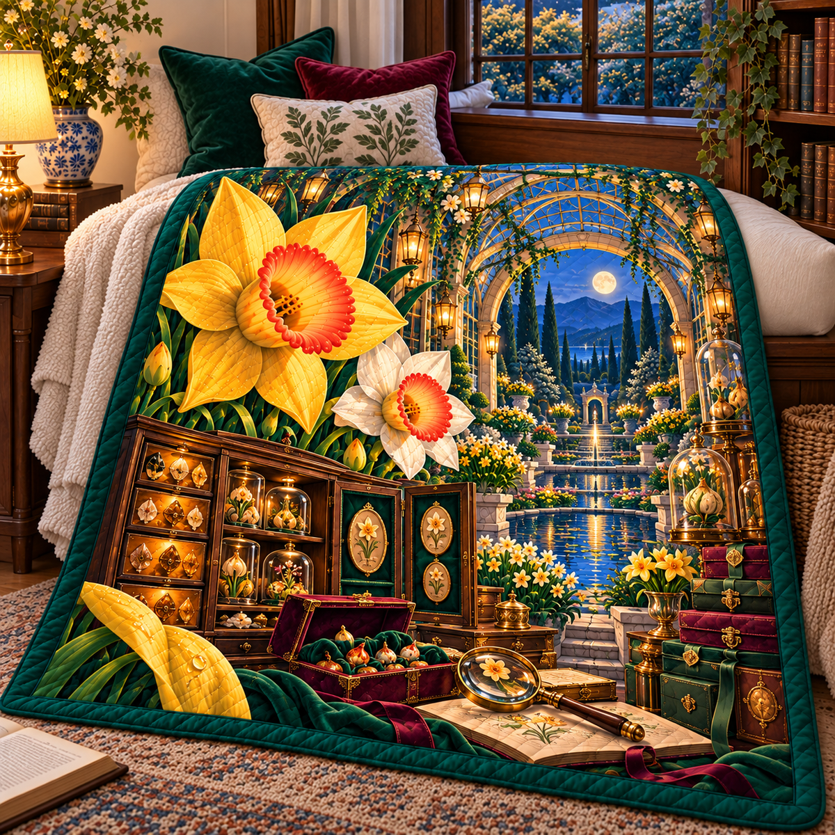 Daffodil Curator Cabinet Quilt Blanket with printed optical 3D artwork in its use setting