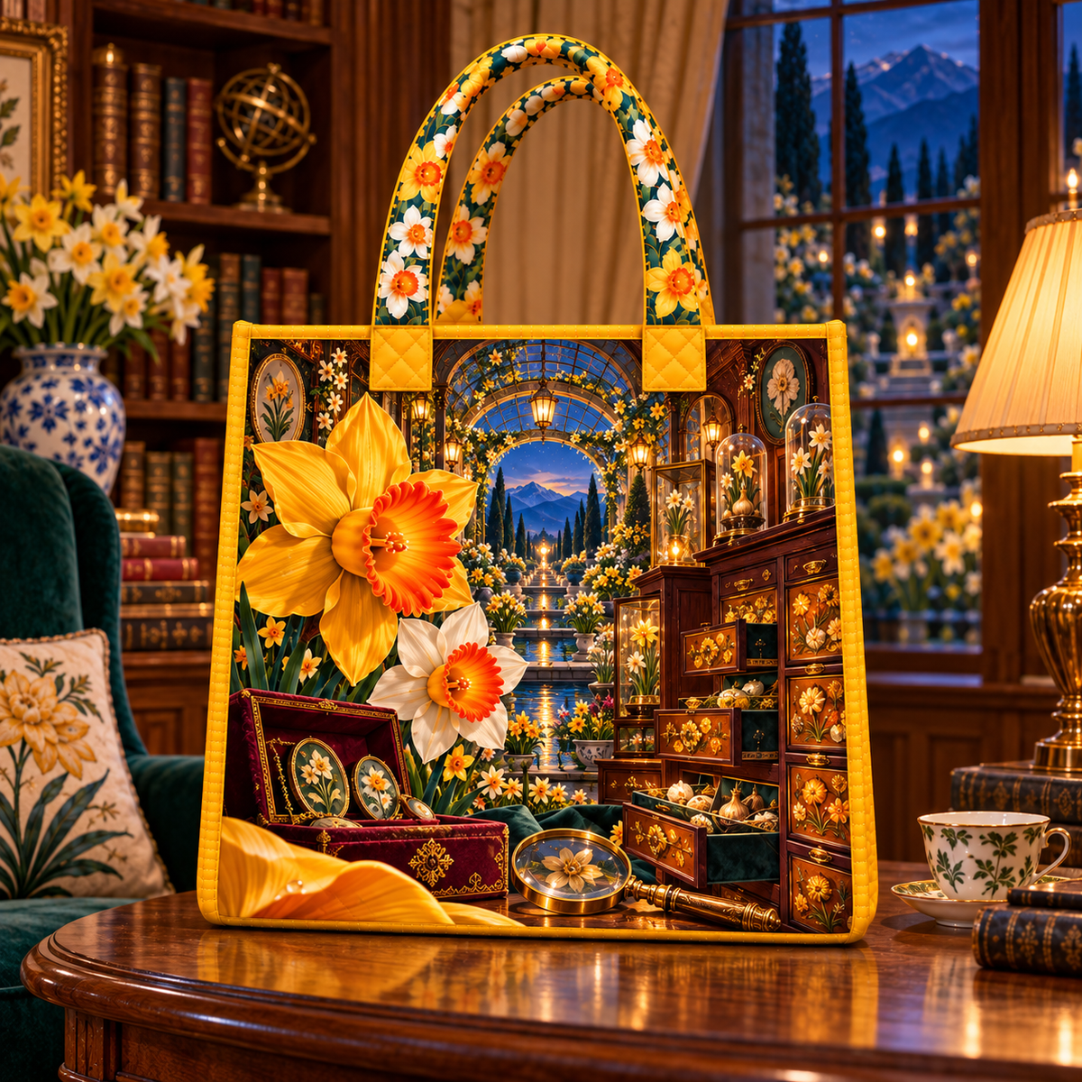 Daffodil Curator Cabinet Quilted Tote Bag with printed optical 3D artwork in its use setting