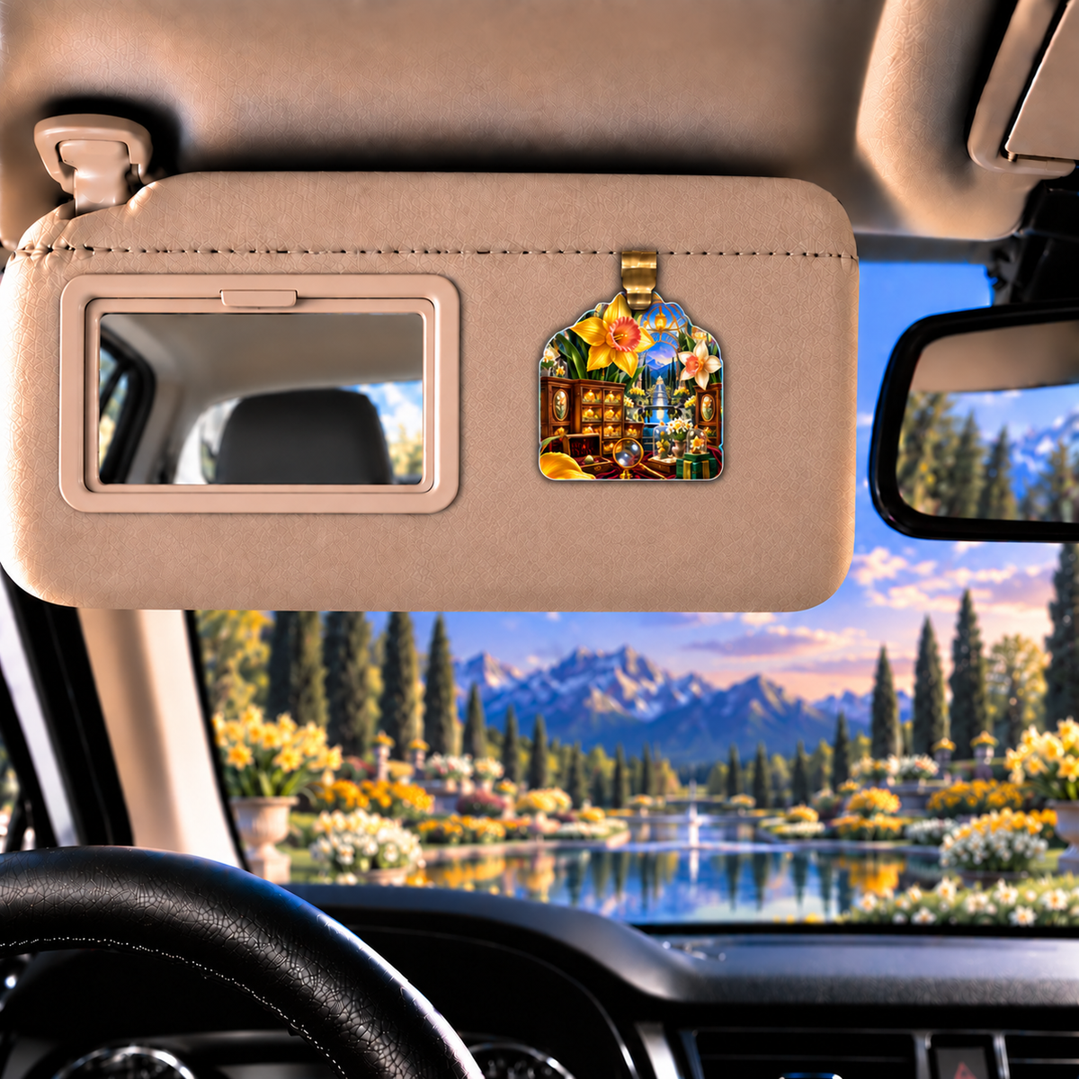 Daffodil Curator Cabinet Holographic Car Visor Clip with printed optical 3D artwork in its use setting
