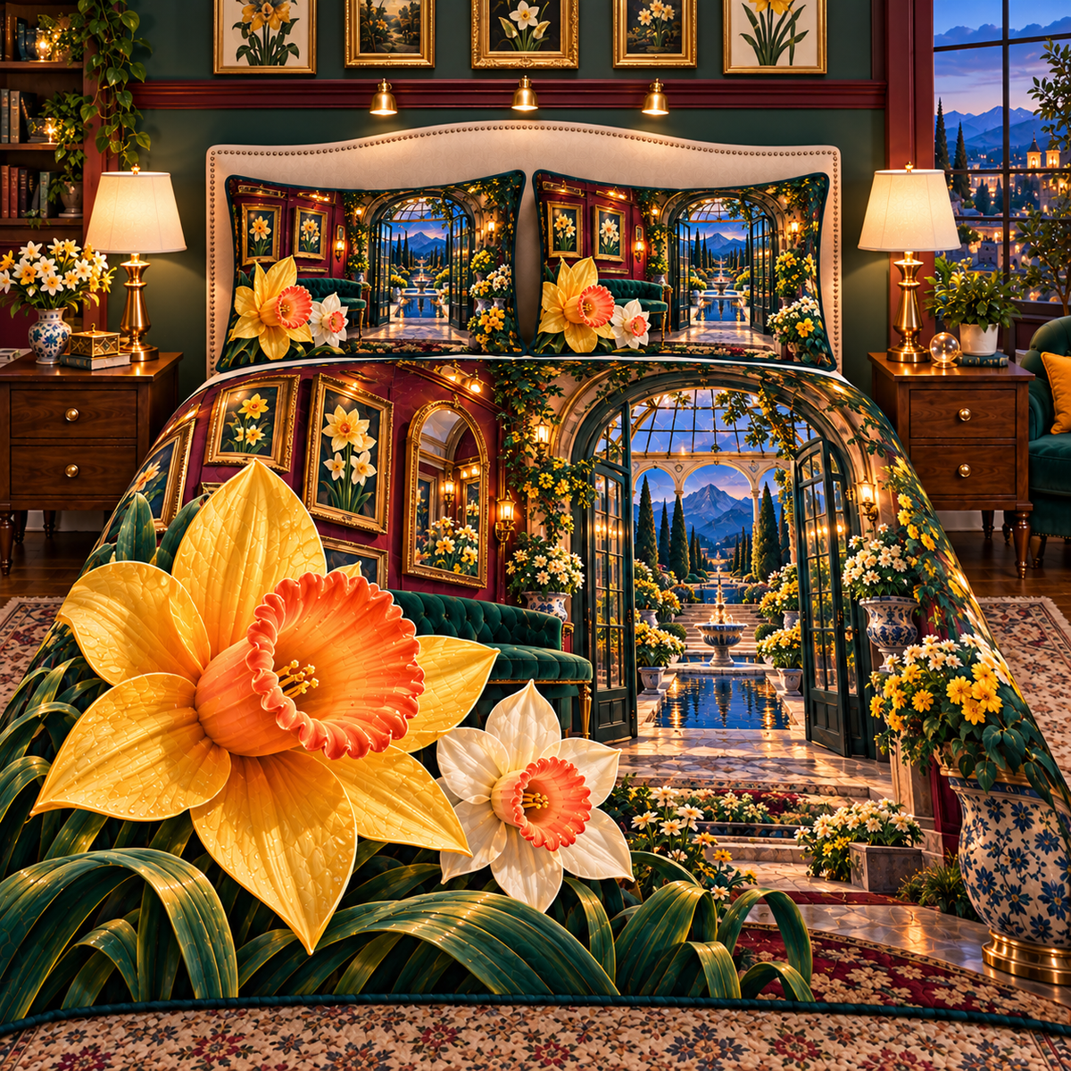 Daffodil Gallery Passage Quilted Bedding Set with printed optical 3D artwork in its use setting