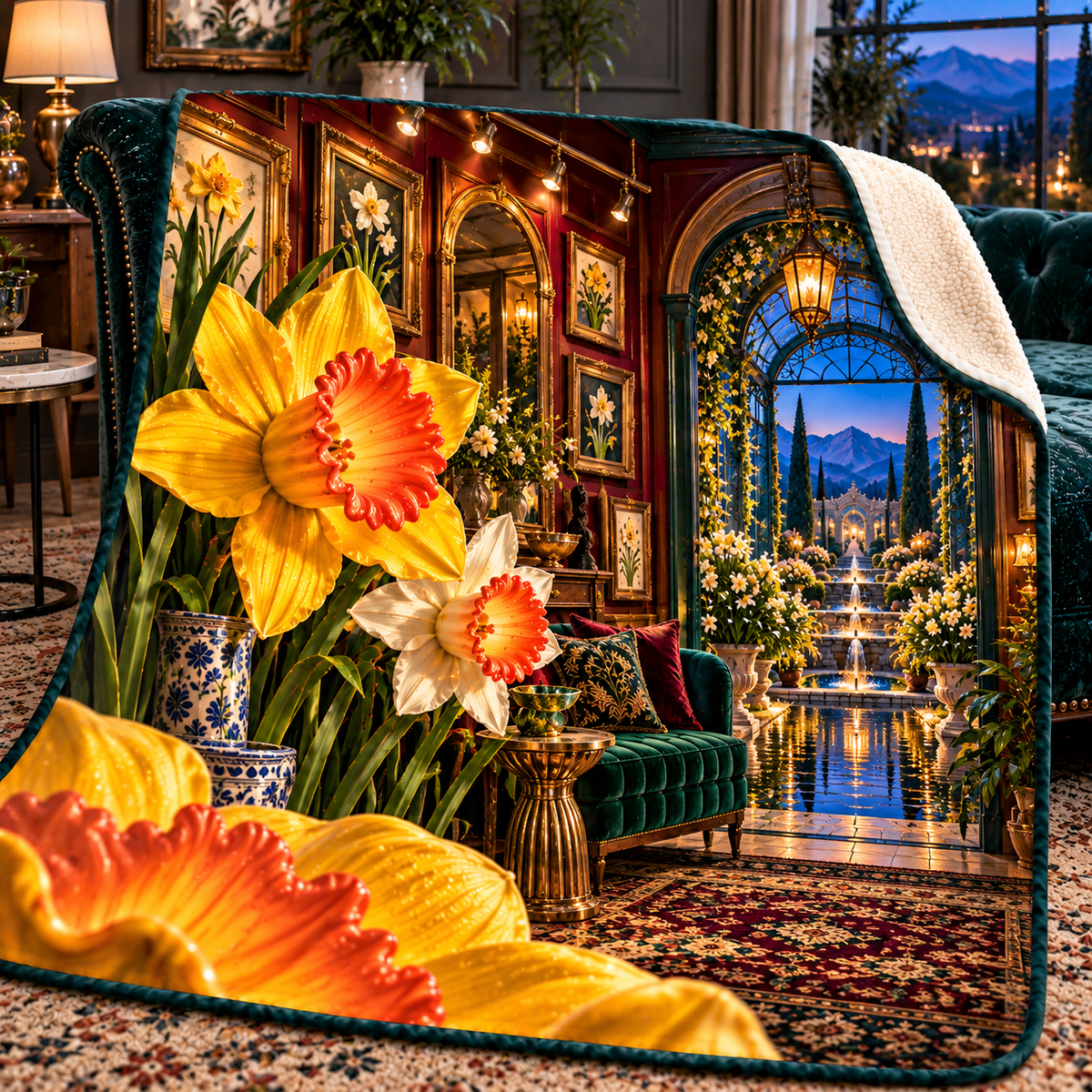 Daffodil Gallery Passage Sherpa & Fleece Blanket with printed optical 3D artwork in its use setting