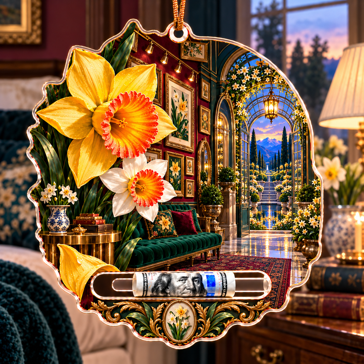 Daffodil Gallery Passage Acrylic Cash Holder Ornament with printed optical 3D artwork in its use setting