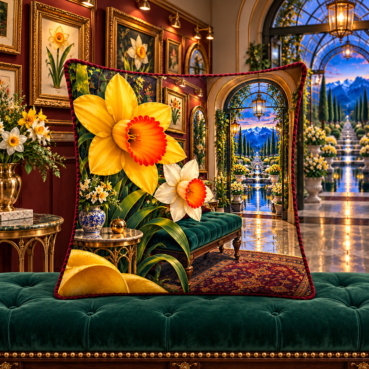 Daffodil Gallery Passage Quilted Cushion Cover with printed optical 3D artwork in its use setting