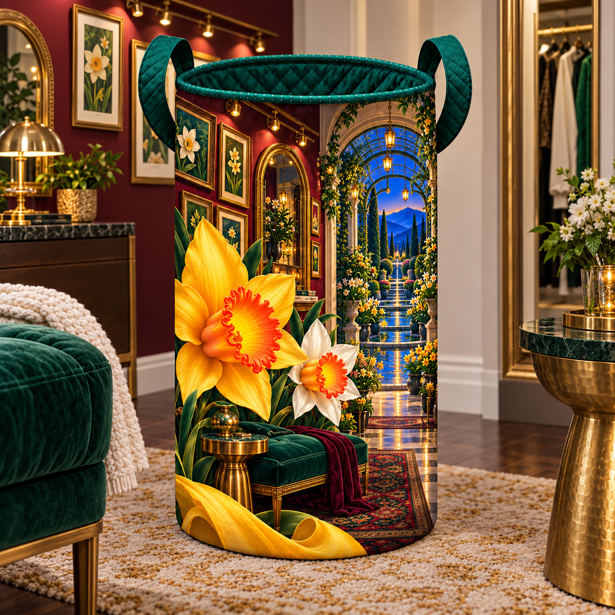 Daffodil Gallery Passage Laundry Hamper with printed optical 3D artwork in its use setting