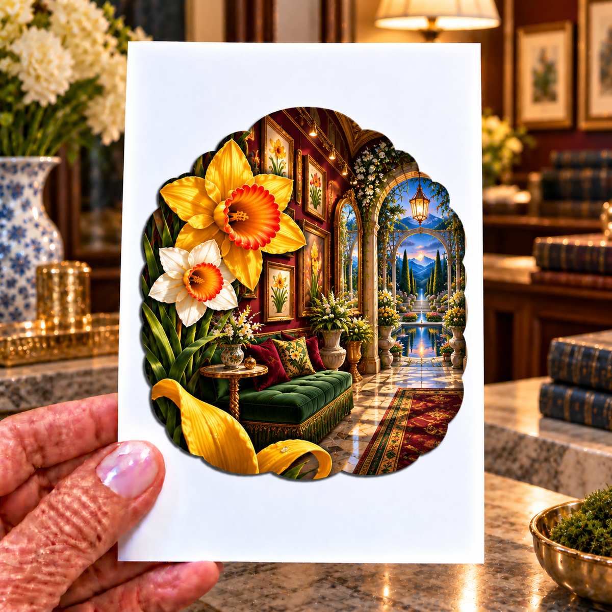 Daffodil Gallery Passage Acrylic Refrigerator Magnet with printed optical 3D artwork in its use setting