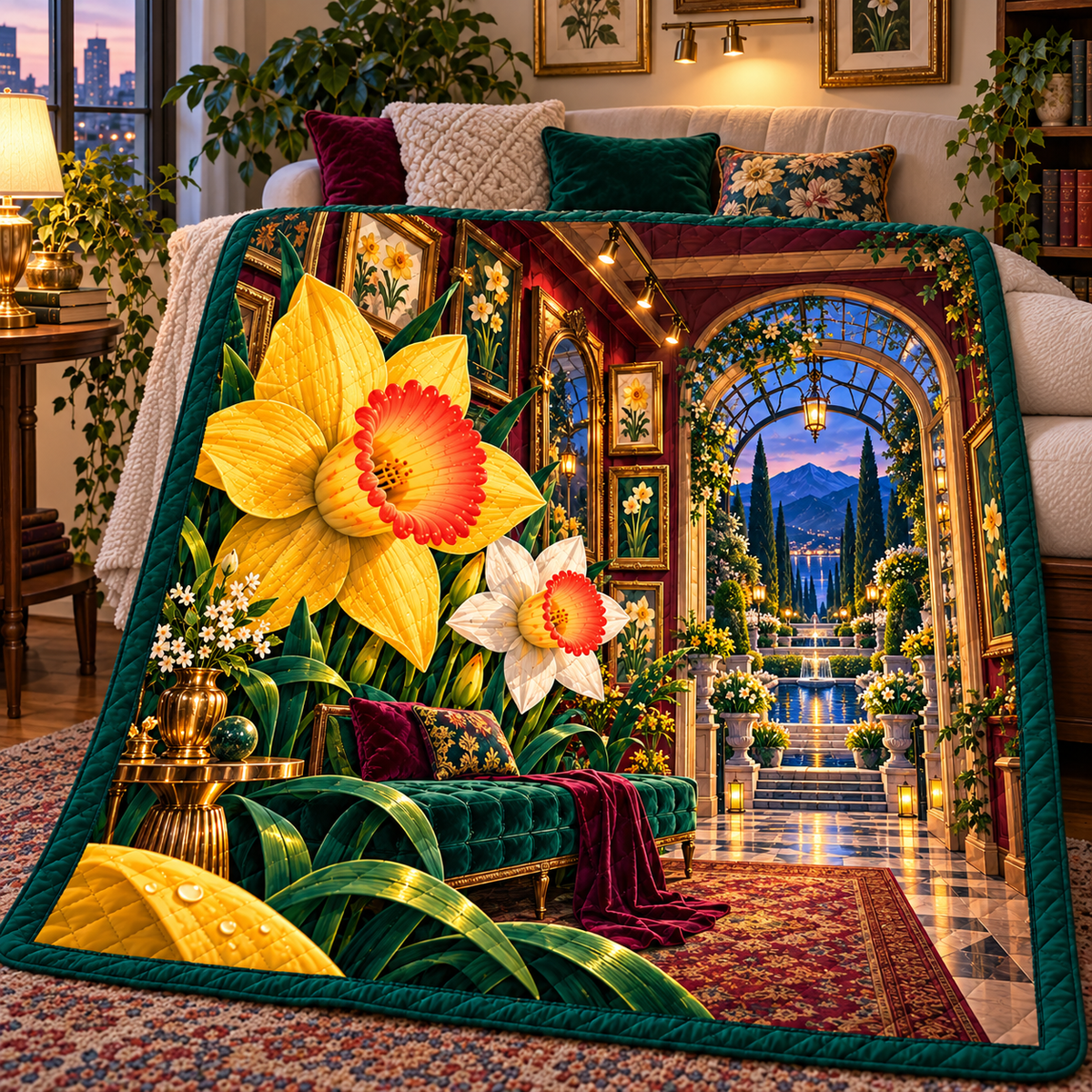 Daffodil Gallery Passage Quilt Blanket with printed optical 3D artwork in its use setting