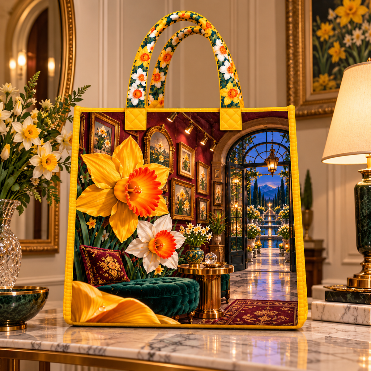 Daffodil Gallery Passage Quilted Tote Bag with printed optical 3D artwork in its use setting