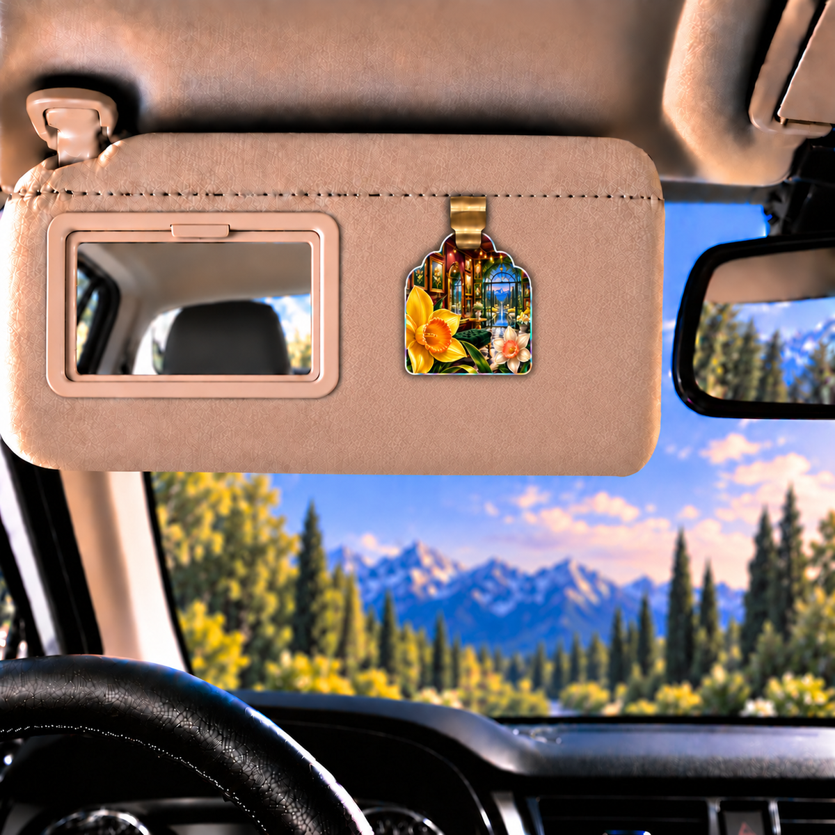 Daffodil Gallery Passage Holographic Car Visor Clip with printed optical 3D artwork in its use setting