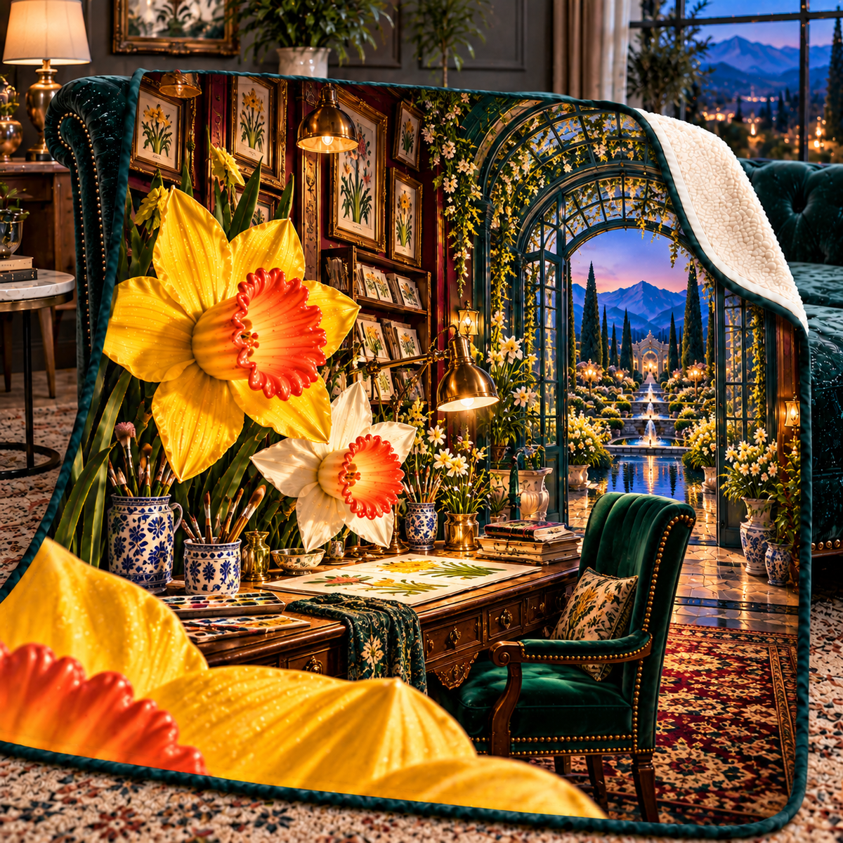 Daffodil Artisan Studio Sherpa & Fleece Blanket with printed optical 3D artwork in its use setting