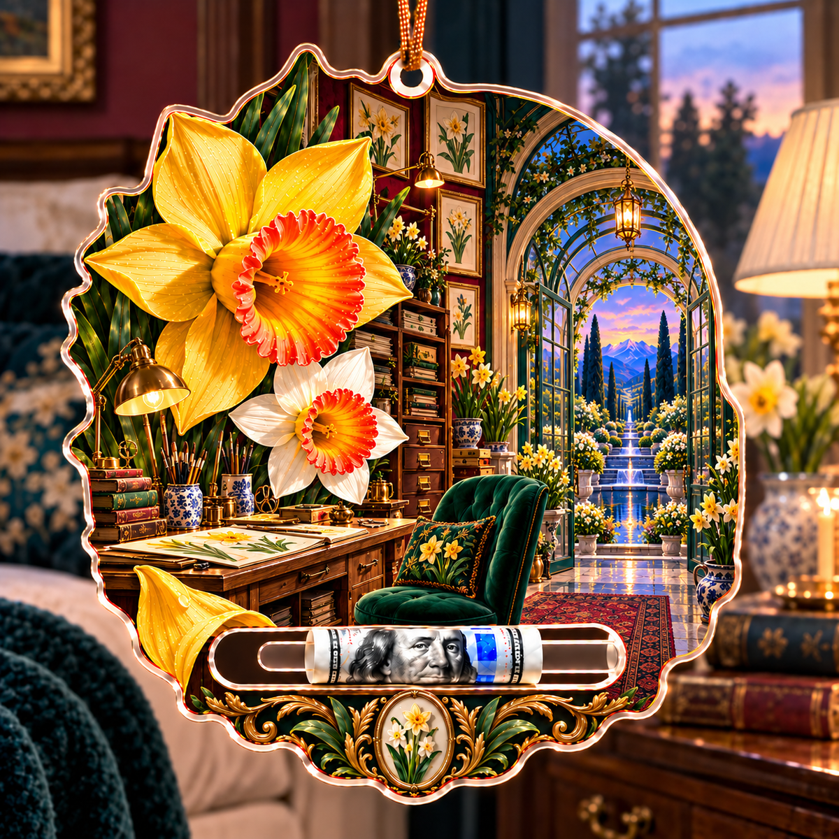 Daffodil Artisan Studio Acrylic Cash Holder Ornament with printed optical 3D artwork in its use setting